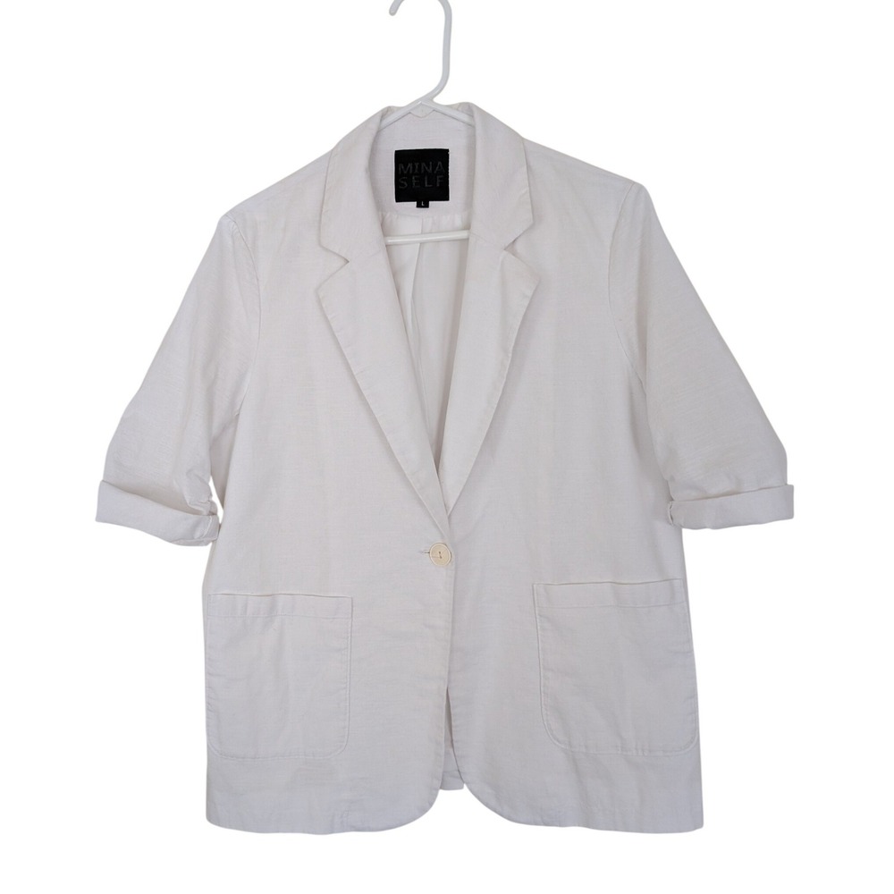 Mina Self White Cotton Linen Blend Ruched Sleeve Blazer Jacket Size Large Lined